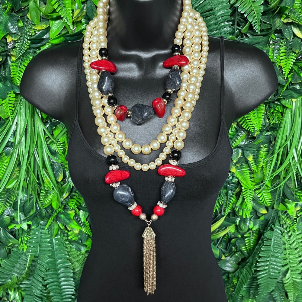 Statement‎ Necklace Multi-Strand Faux Pearl Red Black Resin Gold Tassel 3817